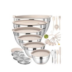 Mixing Bowls with Airtight Lids Set, 26PCS Stainless Steel Khaki Bowls with Grater Attachments, Non-Slip Bottoms & Kitchen Gadgets Set, Size 7, 4, 2.5, 2.0,1.5, 1QT, Great for Mixing & Serving