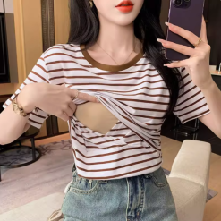 95% cotton new breastfeeding mother feeding clothes summer slim striped short-sleeved T-shirt tops female postpartum confinement clothes