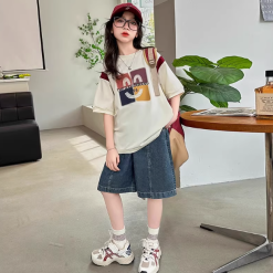 NEXT LONG Girls Summer Short-sleeved Suit 2025 New Style Girls Summer Clothes Children's Denim Shorts