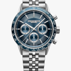RAYMOND WEIL Freelancer Men's Automatic Chronograph Watch, Blue Dial, Stainless Steel Bracelet, Blue Ceramic Bezel, 43.5 mm (Model: 7741-ST3-50021)